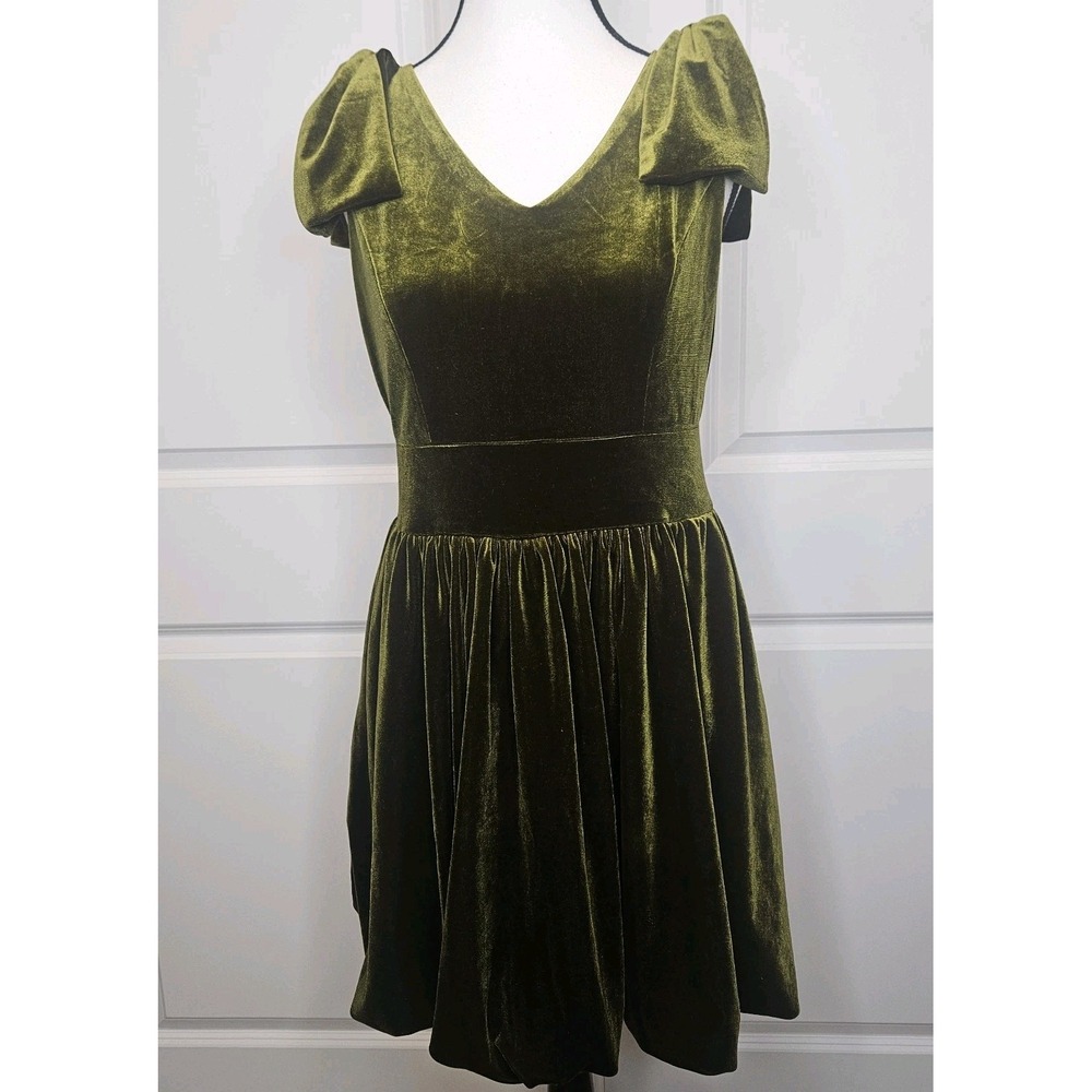Bohme Liora Velvet Mini Dress Green Size Medium Bow Shoulder Fairycore Romantic